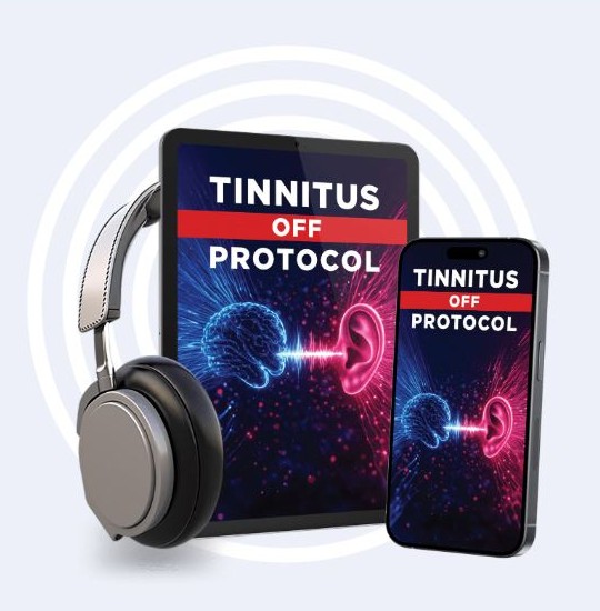 Tinnitus Off Protocol on tablet and phone with headphones